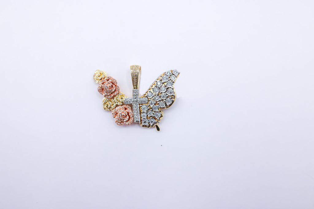 10K 0.34CT D-PENDANT RDS MICRO PRONG FANUC "BUTTERFLY WITH CROSS"