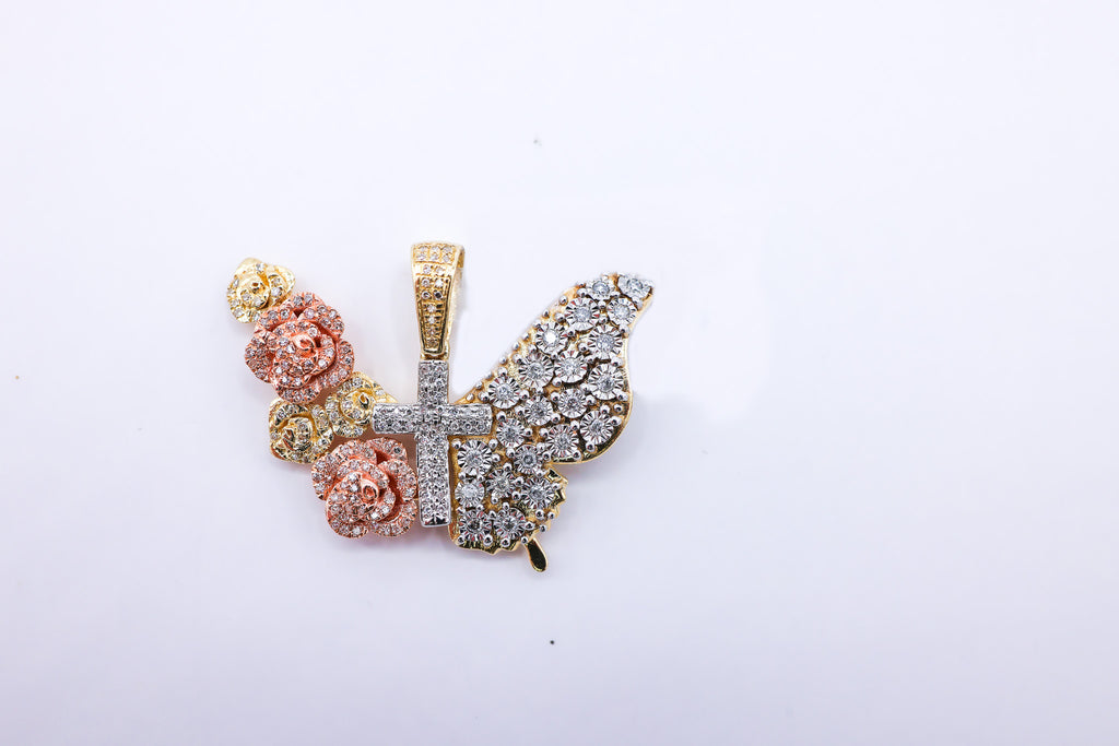 10K 0.34CT D-PENDANT RDS MICRO PRONG FANUC "BUTTERFLY WITH CROSS"