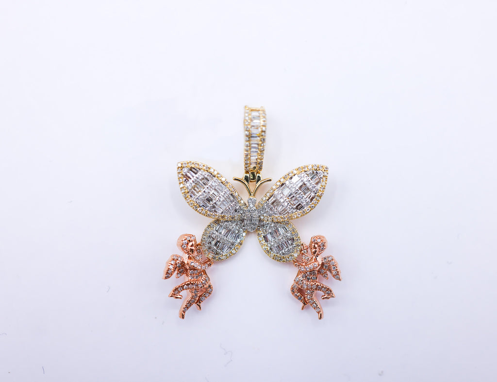 10K 0.85CT D-PENDANT MEN RDS "BUTTERFLY WITH CUPIDS"MICRO PRONG