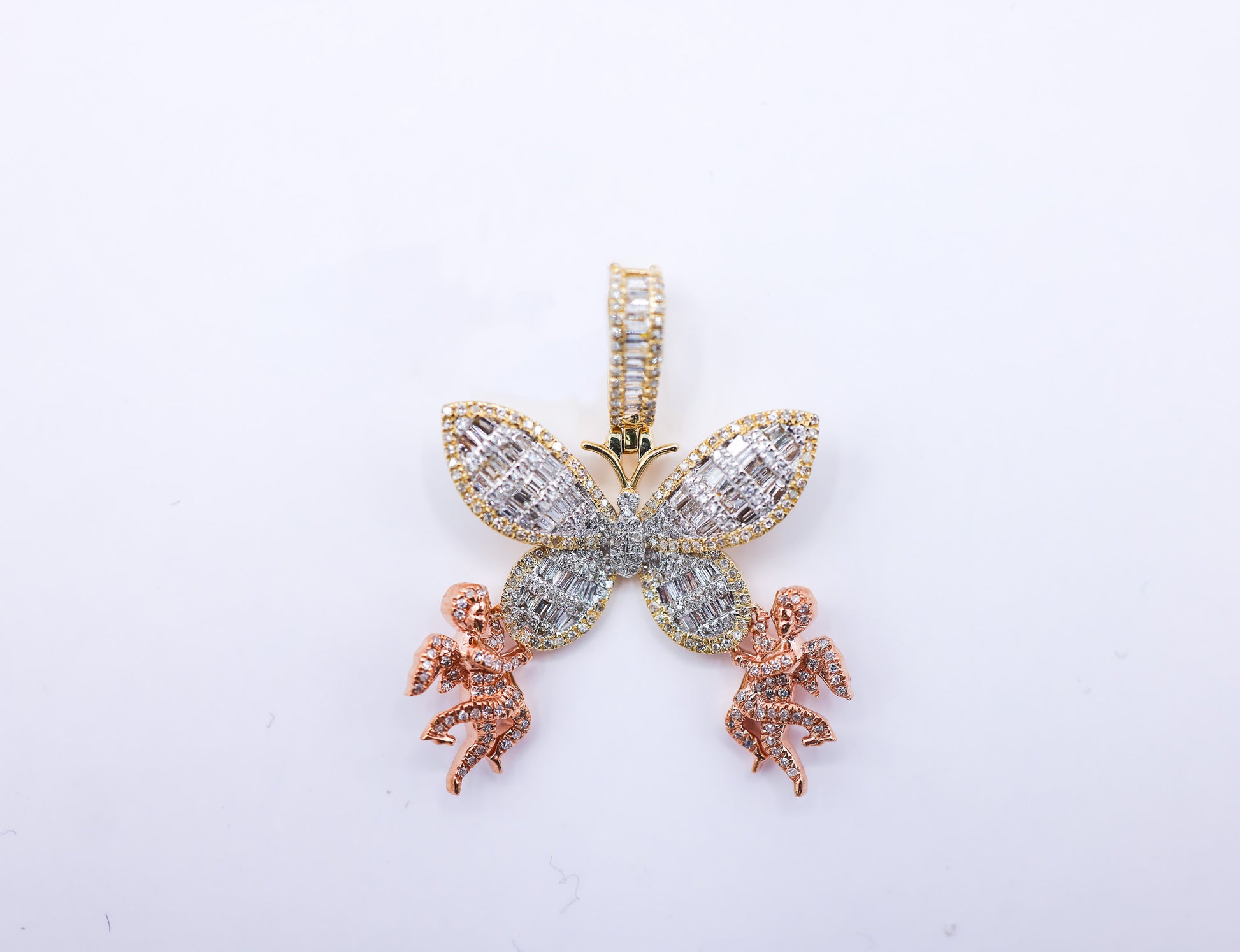 10K 0.85CT D-PENDANT MEN RDS "BUTTERFLY WITH CUPIDS"MICRO PRONG