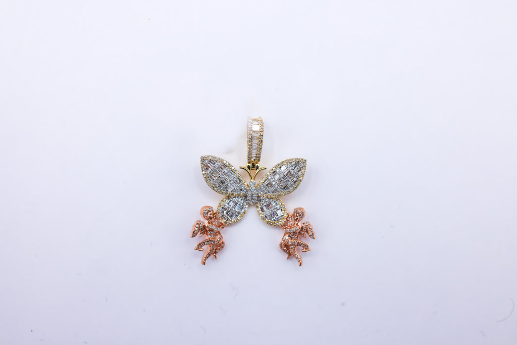 10K 0.85CT D-PENDANT MEN RDS "BUTTERFLY WITH CUPIDS"MICRO PRONG