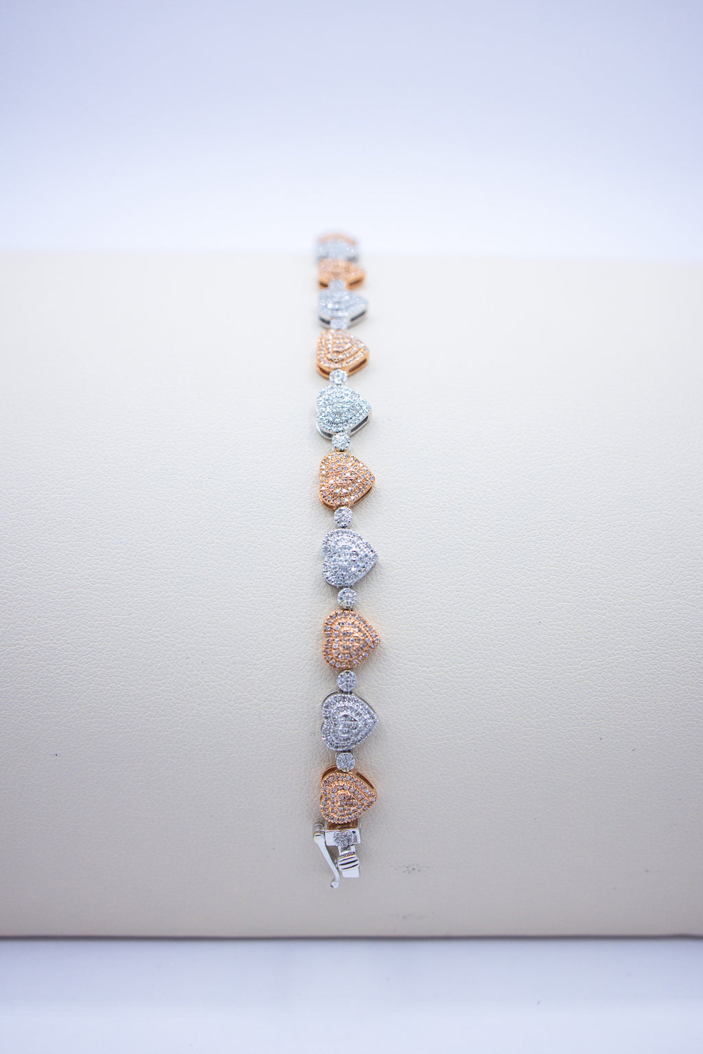 10K 1.14-1.21CT D-BRACELET LDS RDS "HEART" MICRO PRONG SIZE 7 INCHES (Rose gold + Silver)