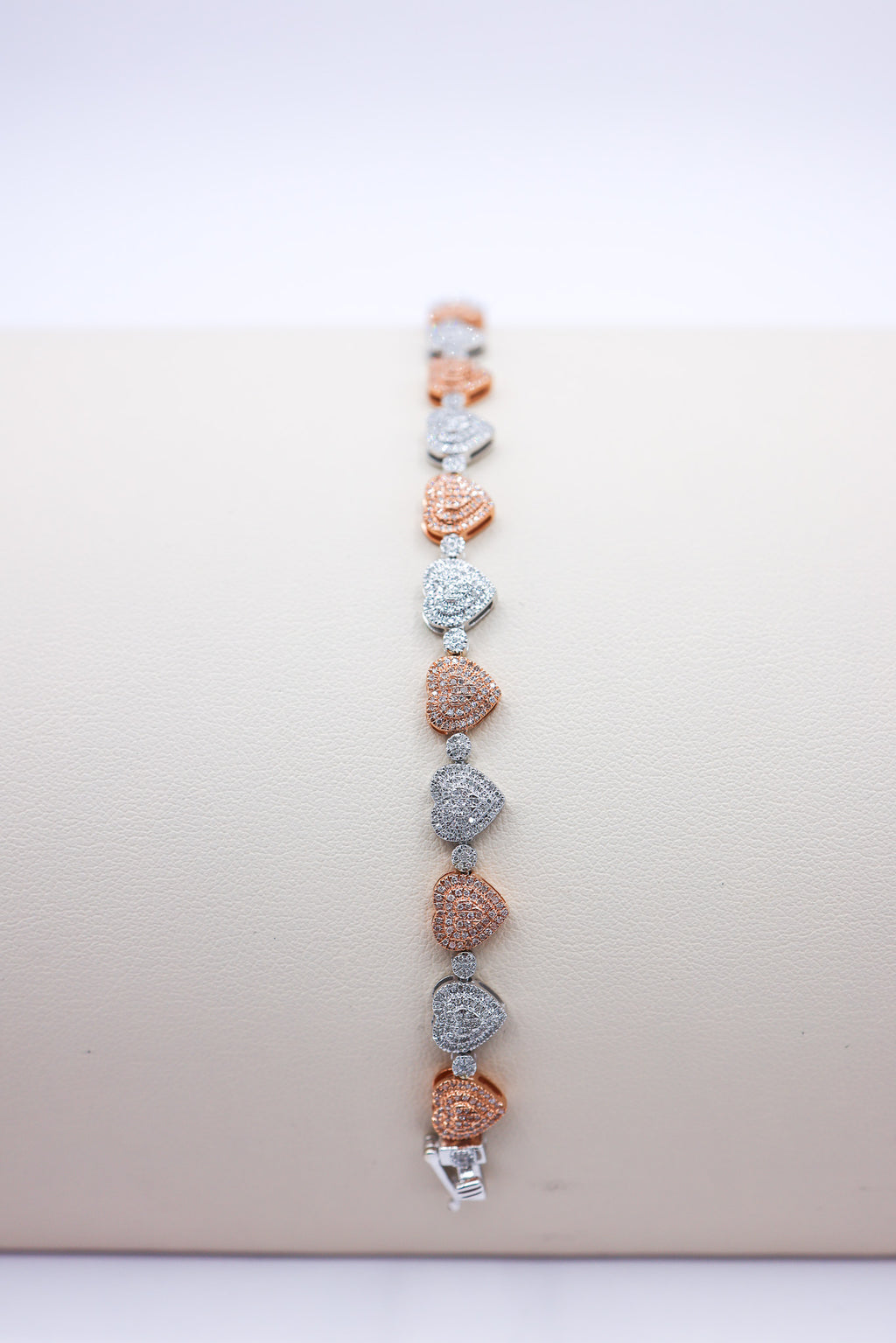 10K 1.14-1.21CT D-BRACELET LDS RDS "HEART" MICRO PRONG SIZE 7 INCHES (Rose gold + Silver)