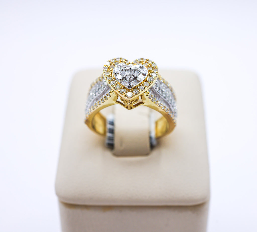10K 1.04CTW Baguette Heart Multi-Diamond Triple Row Ring