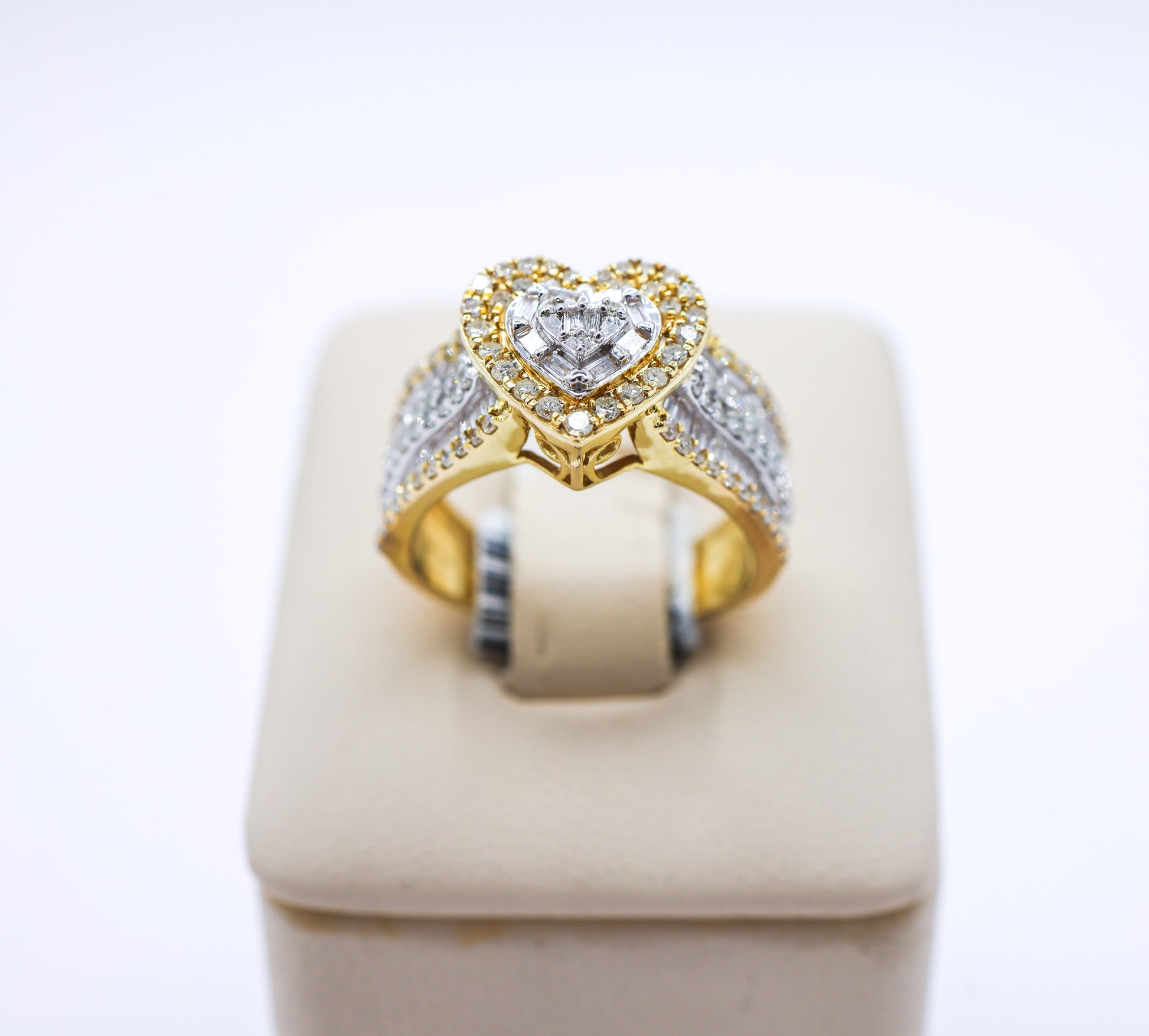 10K 1.04CTW Baguette Heart Multi-Diamond Triple Row Ring