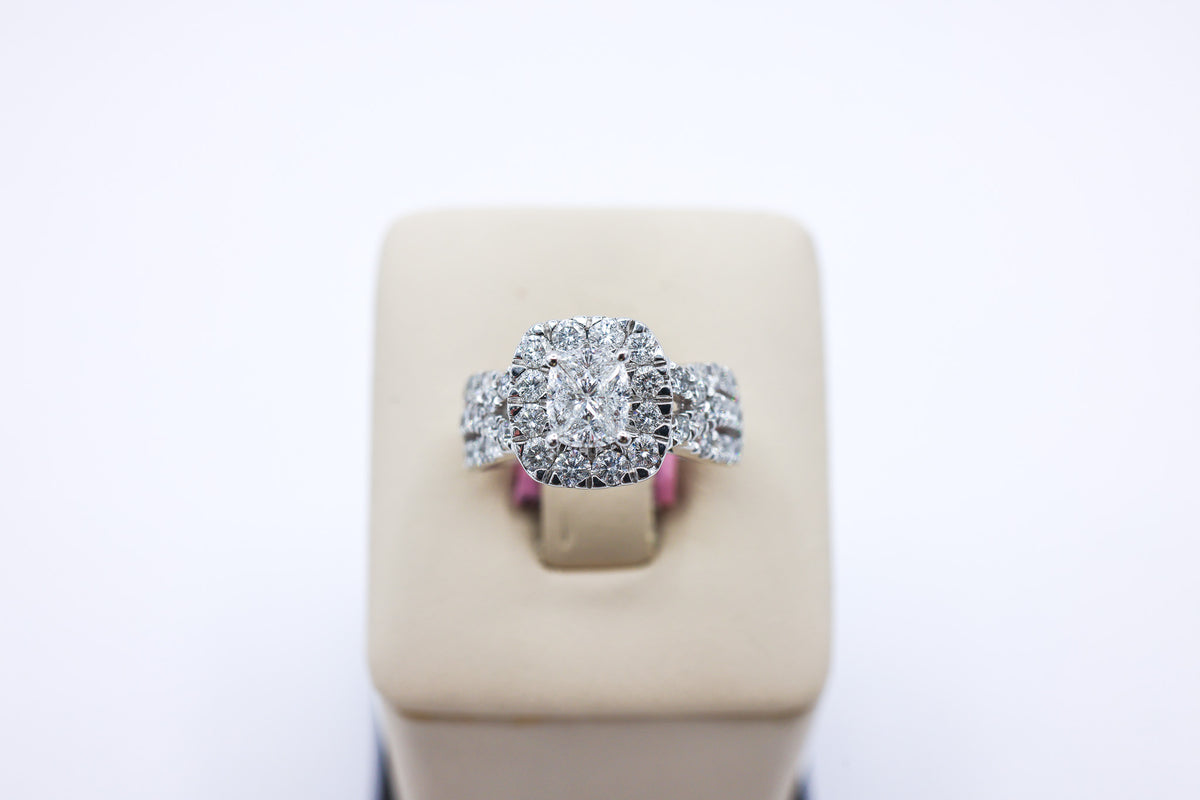 14K White Gold 1.99CTW Cushion-Cut Triple Row Ladies Diamond Ring