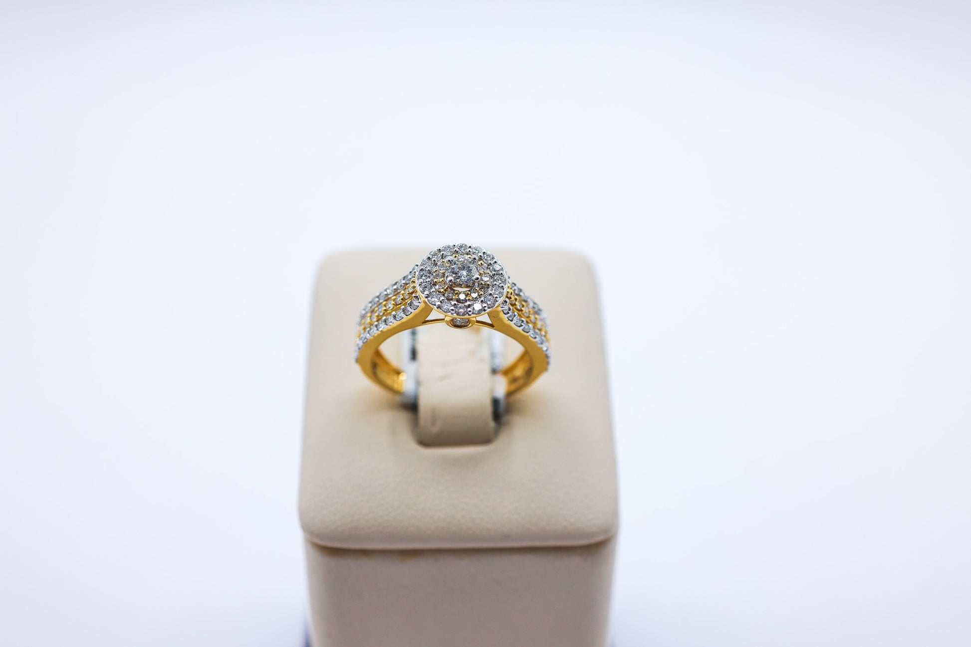 10k Gold 0.98 CTW Cluster Halo Triple Frame Ladies Diamond Ring