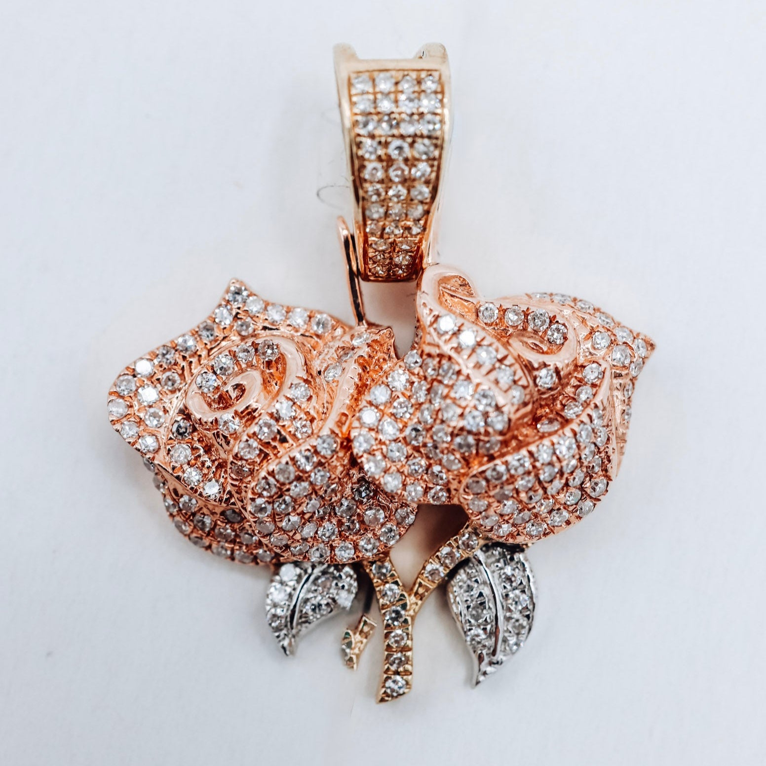 10K Double Roses Rose Gold 0.62CTW Diamond Charm